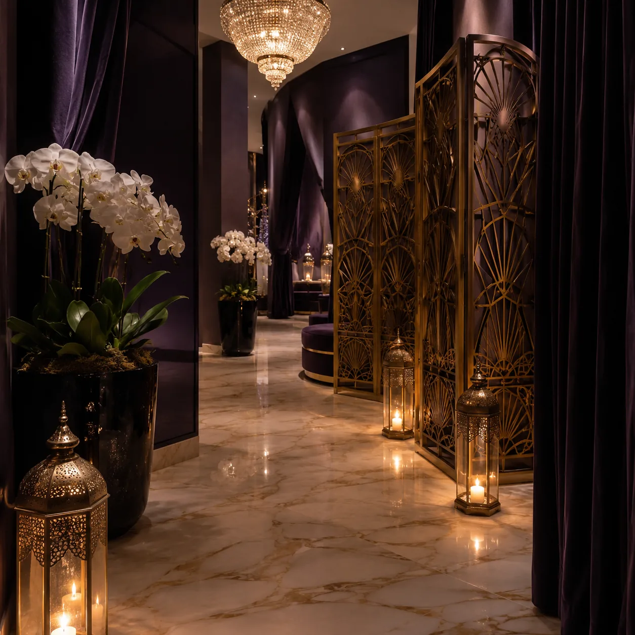 Giriş holü, avize ve paravan — Lila Spa, Bahçeşehir misafirlerine hizmet veren salon